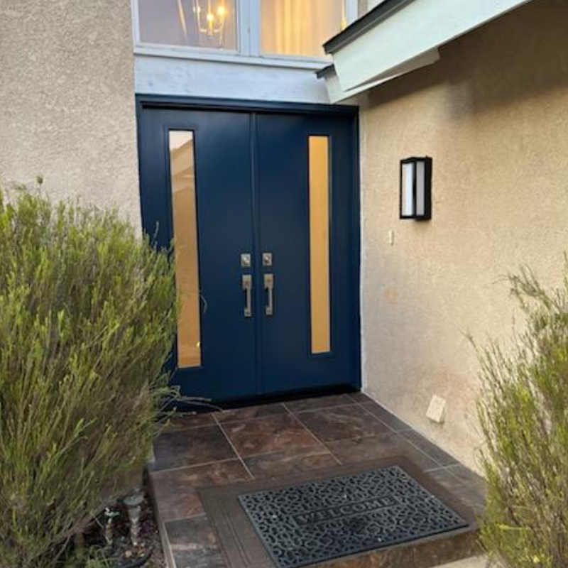 A welcome mat in front of elegant navy double doors, flanked by greenery and a simple light fixture on the wall.